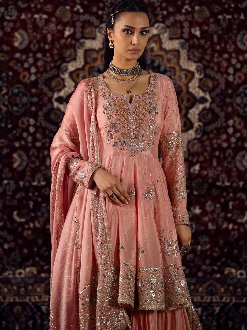 Lashkaraa Peachy Pink Embroidered Viscose Chinon Sharara. NWT. Size Large. - Picture 2 of 7